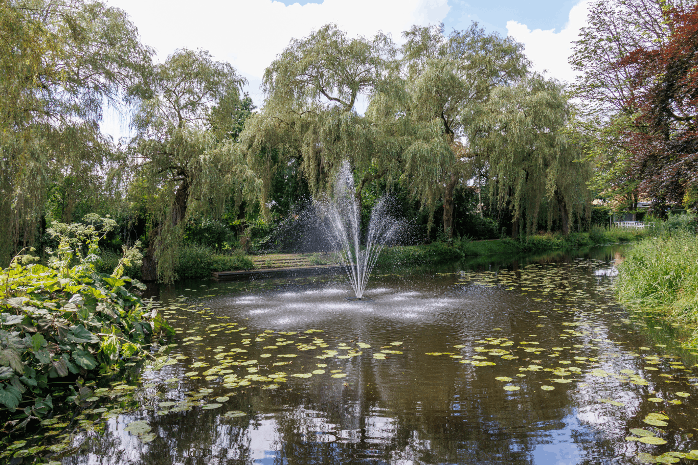 Decorative pond fountain spraying water among lily pads and weeping willow trees in a lush garden setting.