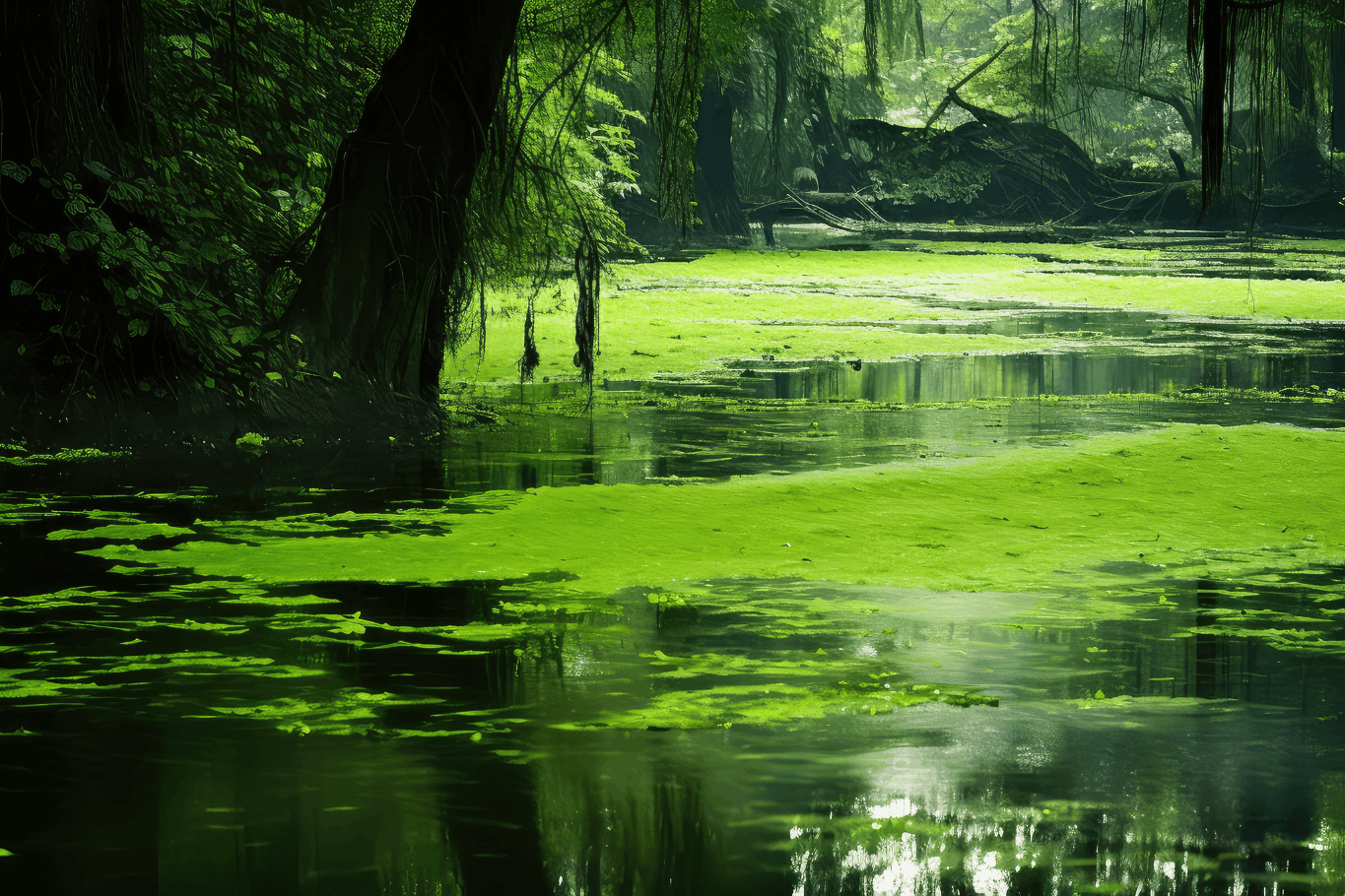 Green pond algae covering a shaded backyard pond surrounded by trees and vegetation