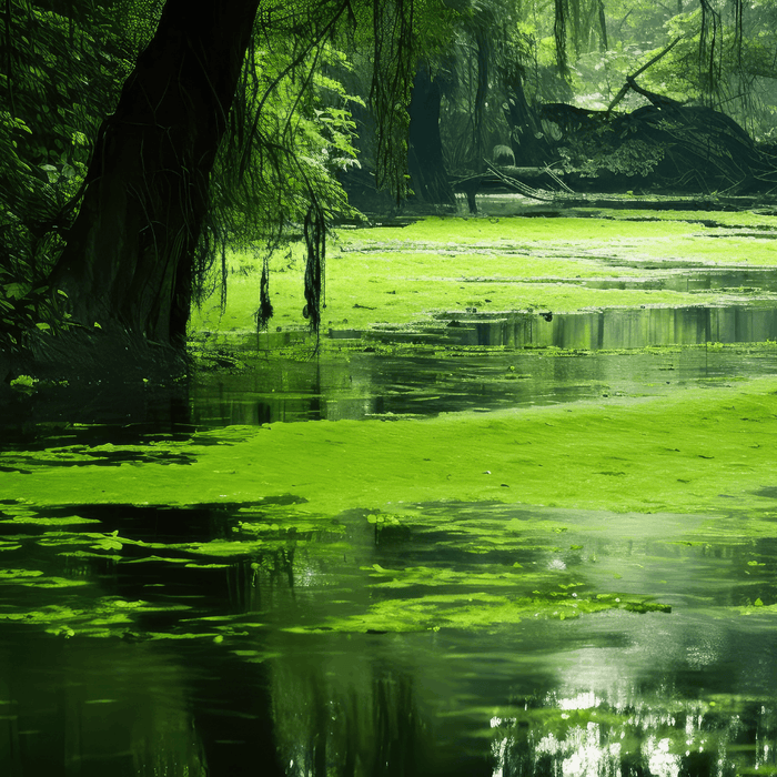 Green pond algae covering a shaded backyard pond surrounded by trees and vegetation