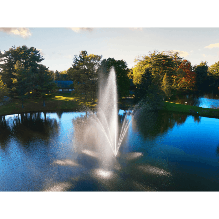 Atriarch Fountain by Scott Aerator spraying across a residential pond from above