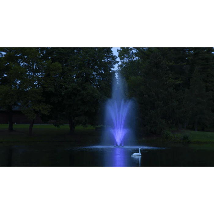 Blue color-changing LED light set for fountains by Scott Aerator lighting pond fountain at night