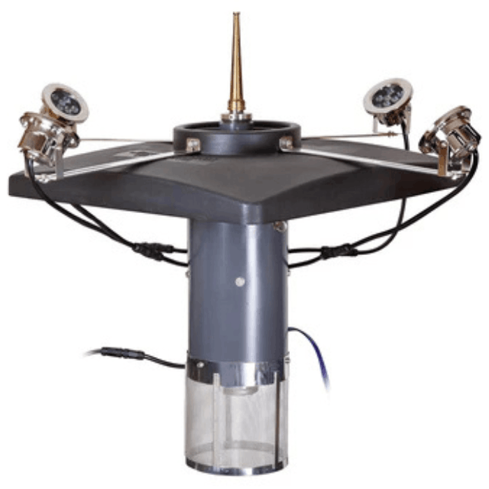 Color-changing fountain light set by Scott Aerator showing stainless steel LED fixtures and brackets