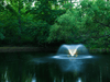 DA-20 pond fountain by Scott Aerator creating illuminated spray pattern in secluded pond