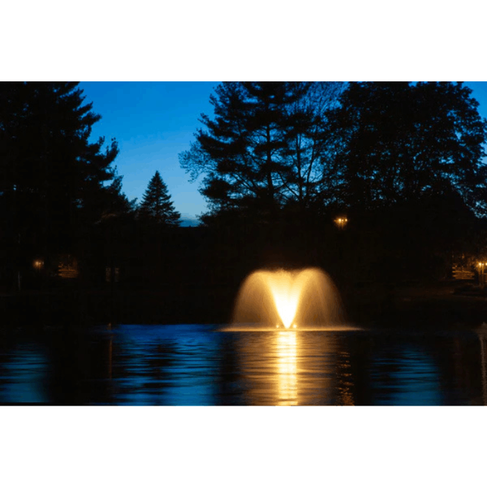 Display aerator DA-20 from Scott Aerator lit up on pond after dark