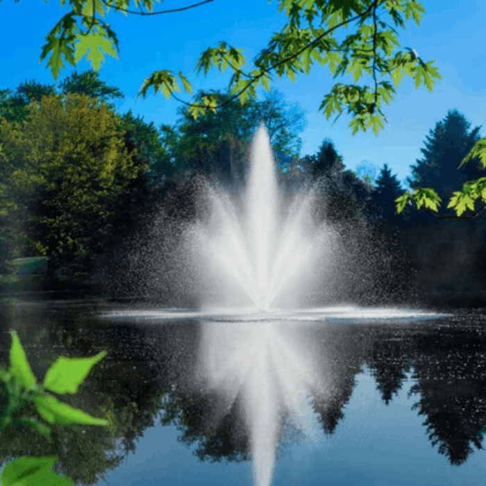 Great Lakes Fountain by Scott Aerator installed in pond with high center plume spray