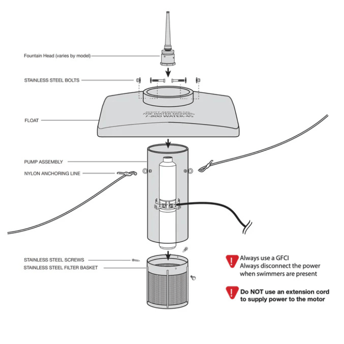 Scott Aerator Amherst Pond Fountain installation diagram showing labeled fountain components and safety notes