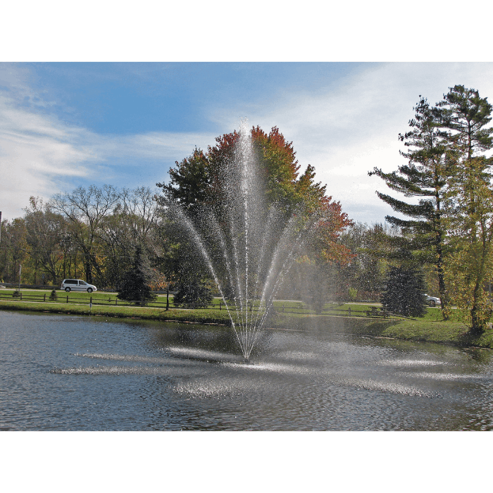 Scott Aerator Atriarch fountain with nine-stream spray pattern in a roadside pond