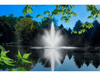 Scott Aerator Cambridge fountain framed by green leaves over a calm pond