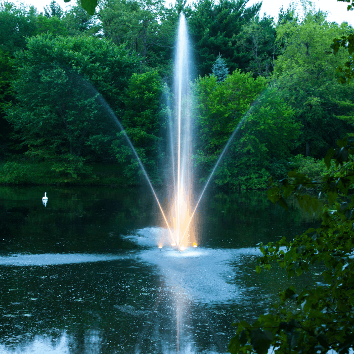 Scott Aerator Clover fountain lit at dusk with glowing center spray on a pond