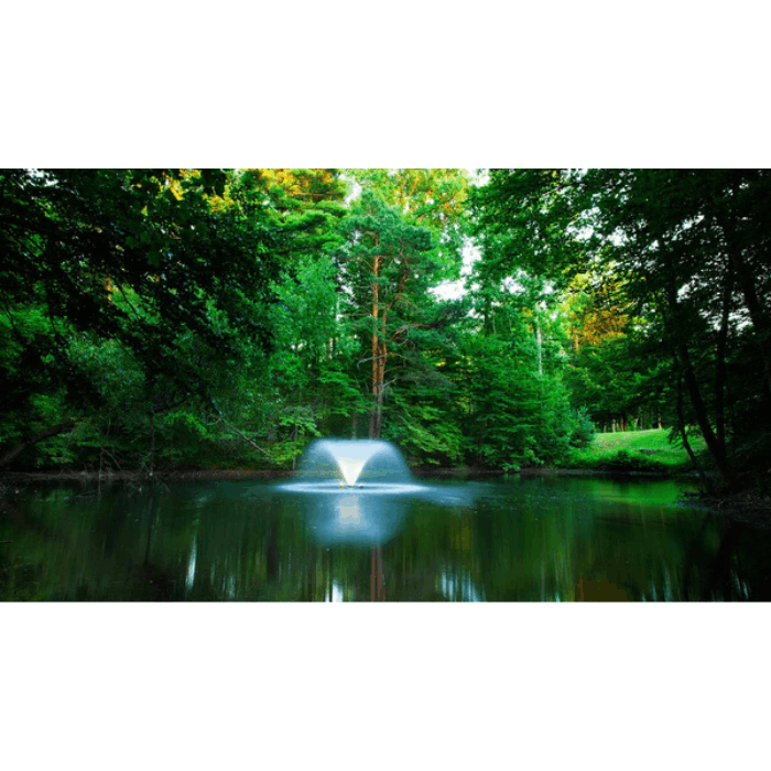 Scott Aerator pond fountain DA-20 operating in wooded lake with reflective water surface