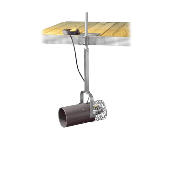 Scott AquaSweep muck blaster mounted on a dock with the unit suspended in the water