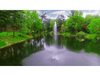 Skyward Pond Fountain by Scott Aerator in a narrow tree-lined pond with vivid green banks
