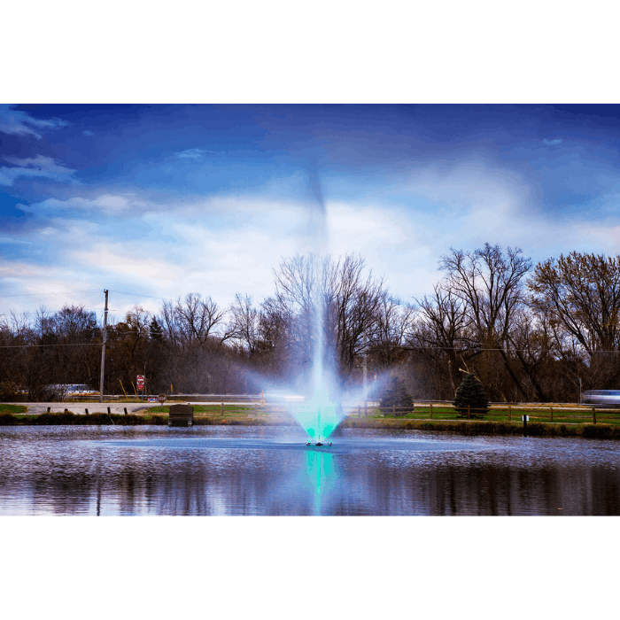 Skyward Pond Fountain by Scott Aerator producing a bright center column and misty side spray