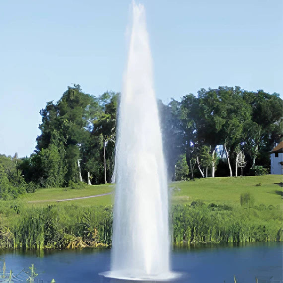 Vertex GeyserJet floating fountain creating a tall geyser spray pattern on a pond
