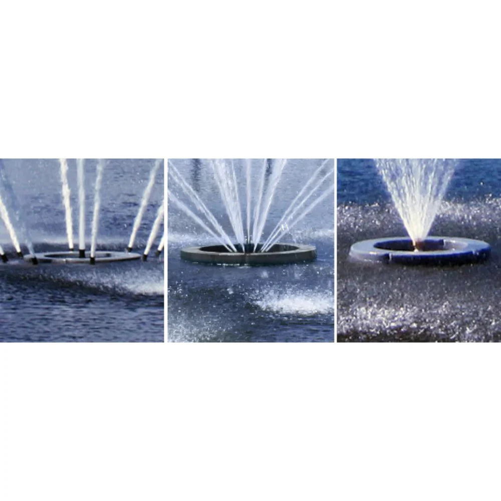 Vertex GeyserJet floating pond fountain float shown with multiple daytime spray patterns