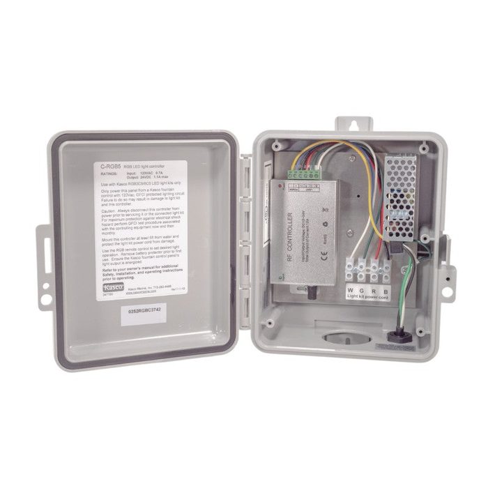 Kasco RGB LED Lighting control panel with wiring and RF controller inside weatherproof enclosure