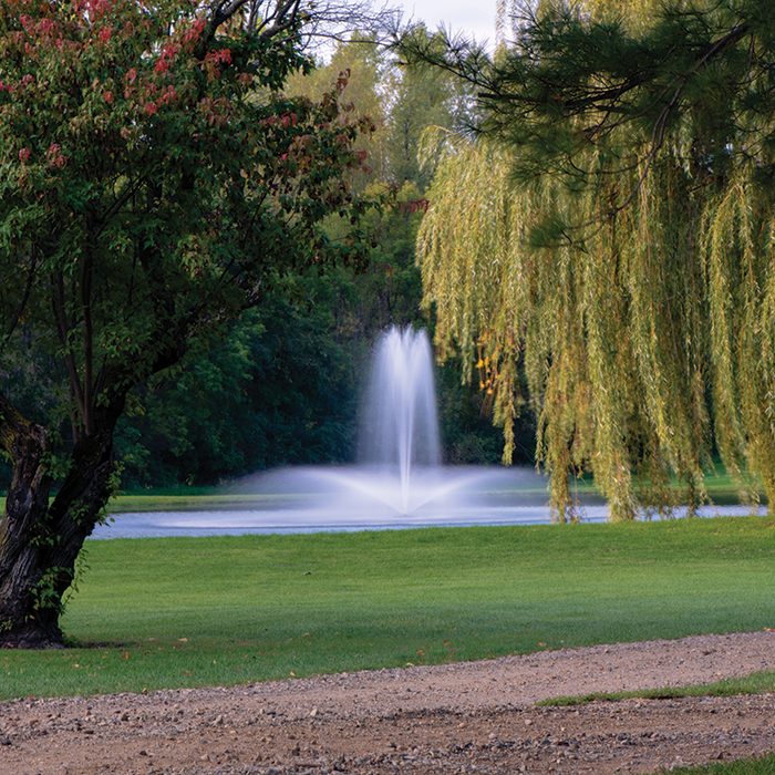 Kasco J Series Fountain fountain marketing lifestyle shot (pond and shoreline view)