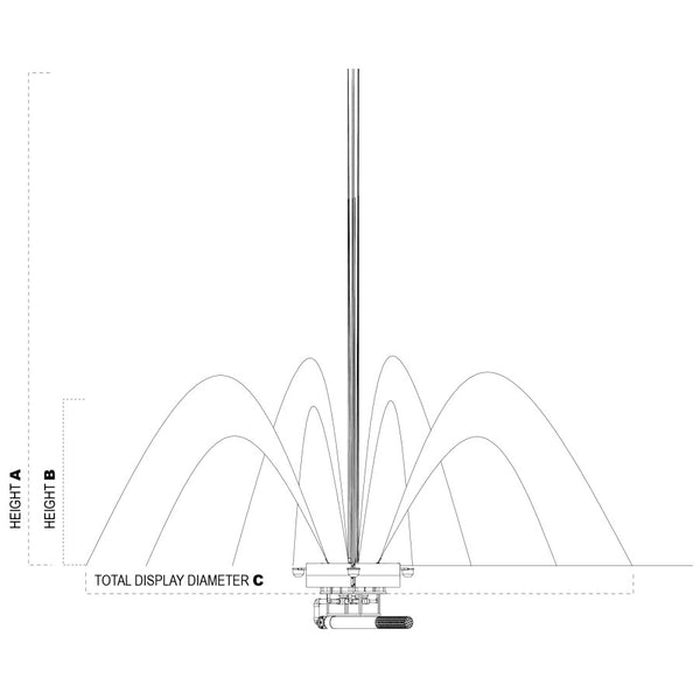 Vertex FanJet Floating Pond Fountain spray specifications - A center height, B side height, C diameter