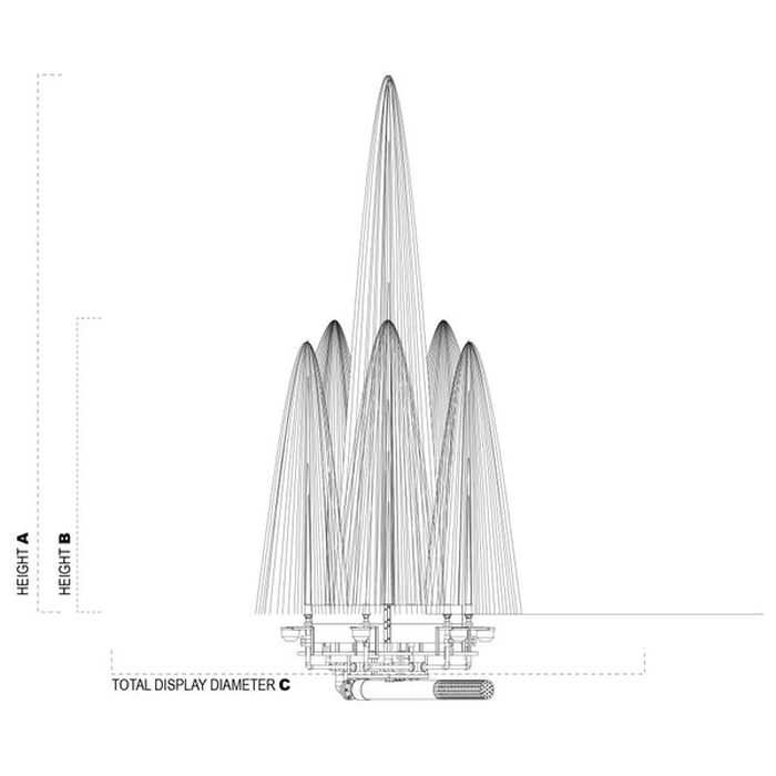 Vertex MultiGeyser Floating Pond Fountain spray specifications - A center height, B side height, C diameter