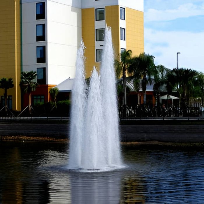 Vertex TriGeyser Floating Fountain on water with buildings at the background