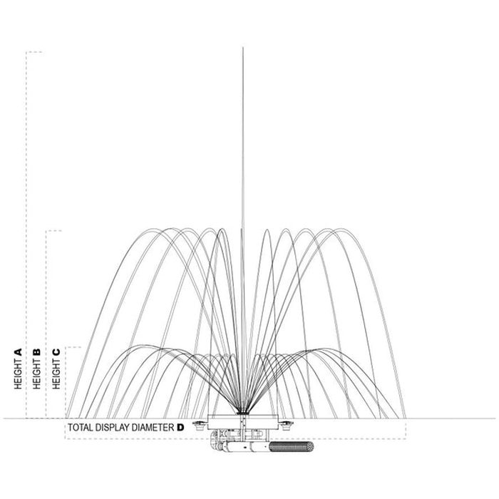 Vertex TriTier Floating Pond Fountain spray specifications - A center height, B side height, C diameter