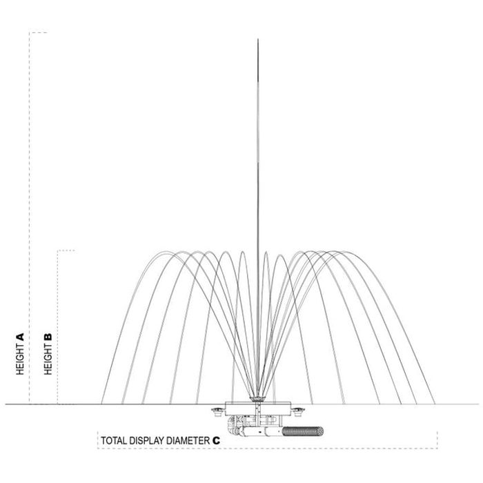 Vertex TwoTier Floating Pond Fountain spray specifications - A center height, B side height, C diameter