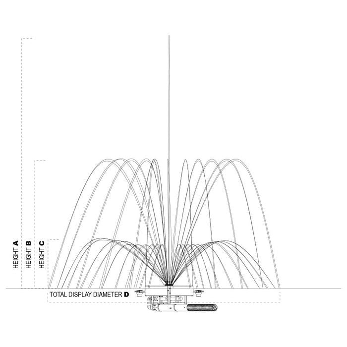Vertex Vertical TriTier Pond Fountain spray details - spray heights A and B