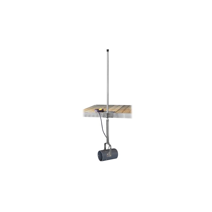 A dock-mounted de-icer device with a stainless steel yoke assembly reaching into the water, with options for different mounting types such as the Aquasweep shown.