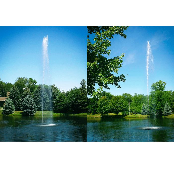 Scott Aerator Jet Stream Pond Fountain on water showing the tall vertical spray column