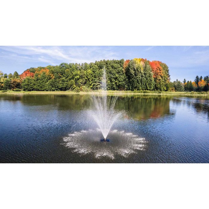 Scott Aerator Solar Amherst Fountain in a lake with autumn trees in the background