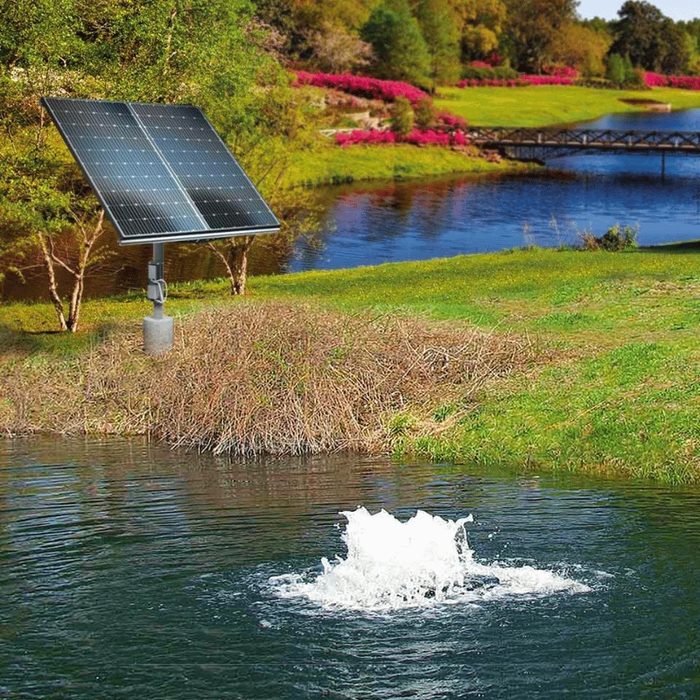 Scott Aerator Solar Boilermaker 1/2 HP with two solar panels beside the pond