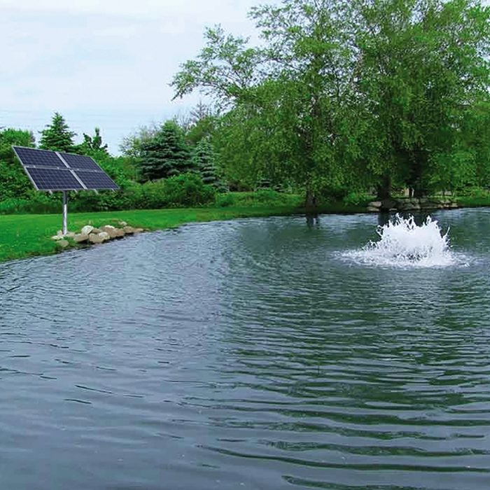 Scott Aerator Solar Boilermaker 3/4 HP with four solar panels beside the pond