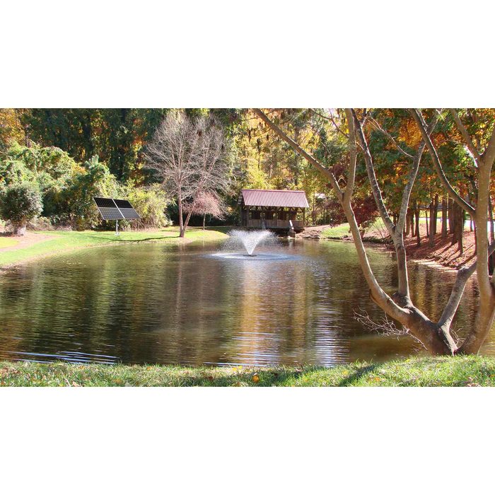 Scott Aerator Solar DA-20 Pond Aerator on water with solar panel array