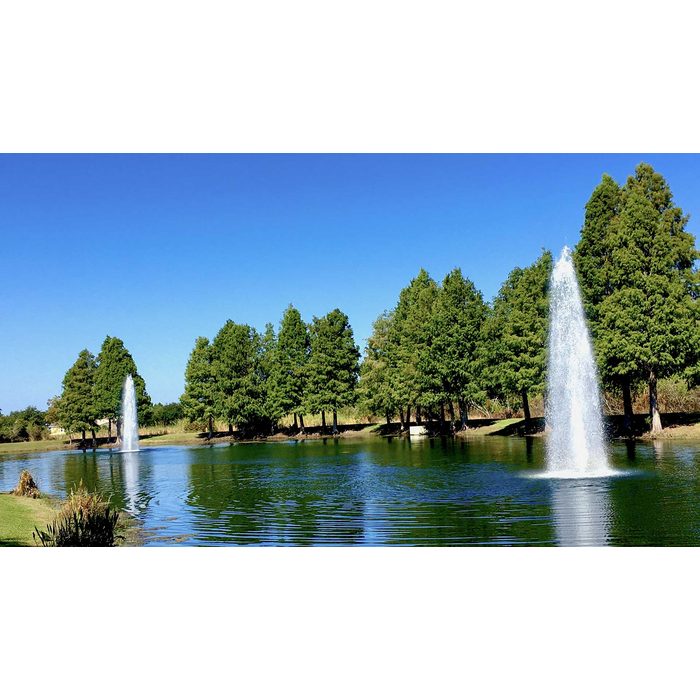 Vertex GeyserJet fountain operating in a large pond with a tall vertical spray column